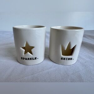 Rae Dunn Cream Candle Holders Star Crown Sparkle Shine Ceramic Set of 2 Princess